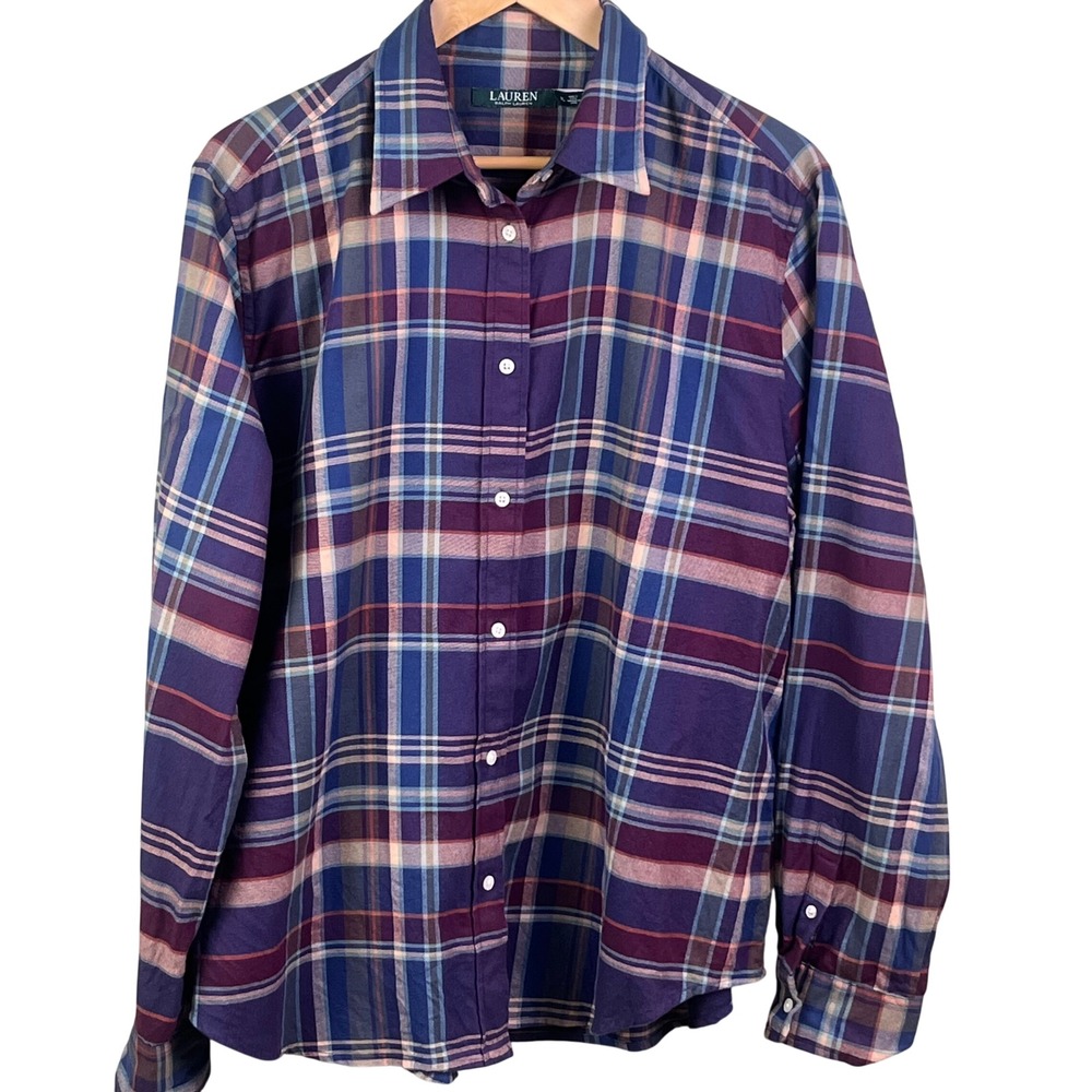 Lauren Ralph Lauren Purple Blue Plaid Long Sleeve Button Shirt Size XL Woman's